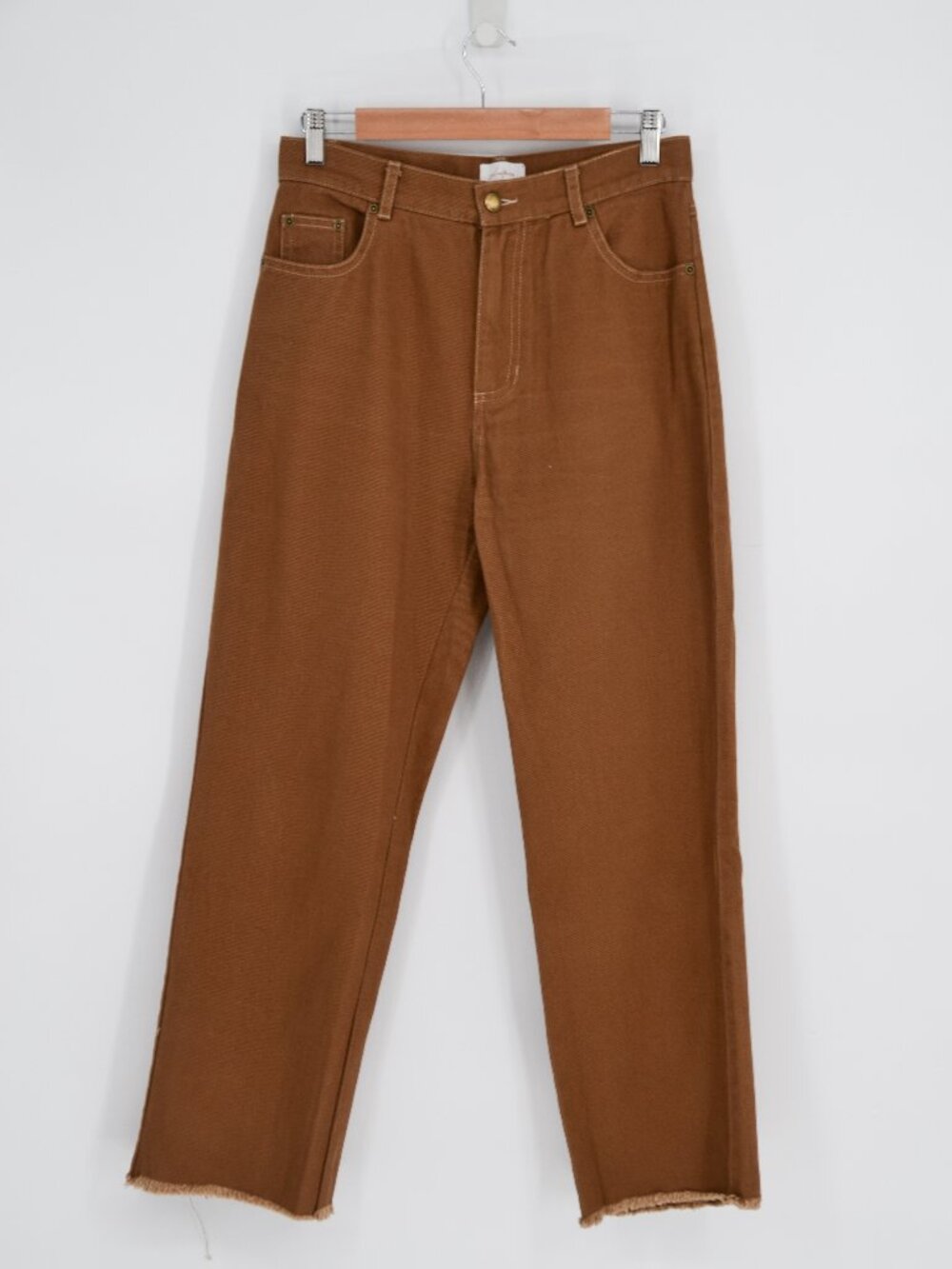 Girl and the Sun High Rise Straight Denim Pants Frayed Raw Hem Brown Womens S